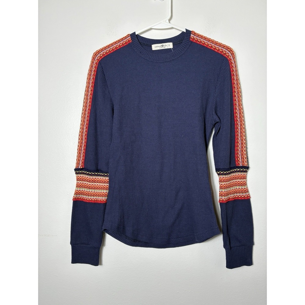 Natural Life Waffle Knit Thermal Long Sleeve Top Sz Small Navy Blue Boho 6510